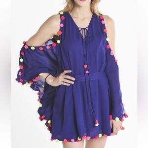 SUNDRESS 100%Viscose Blue Rainbow Pom Pom Bikini Cover Up Women’s Sz M/L K-17